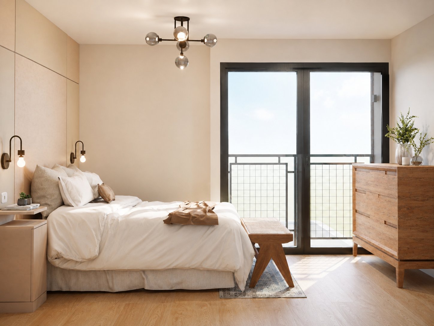 Render de interior con sala de estar y acabados en madera