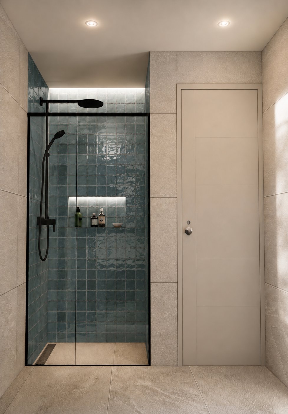Baño con vanitory flotante y revestimiento de piedra
