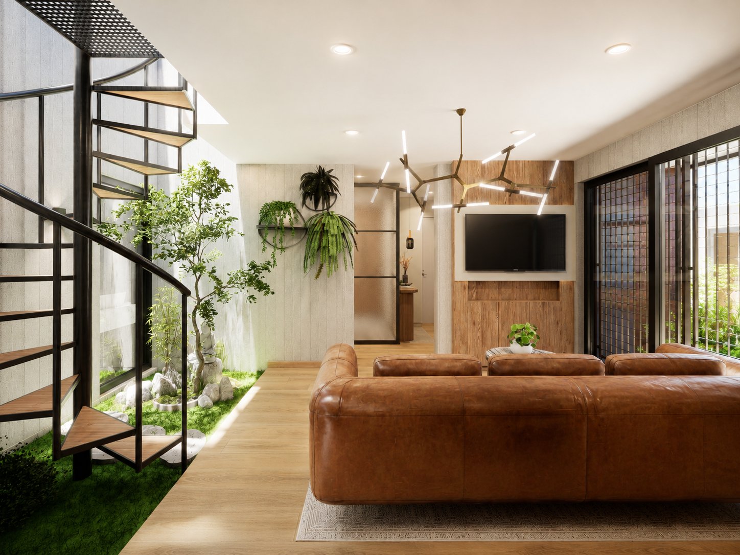 Sala con divisor de listones y mobiliario minimalista