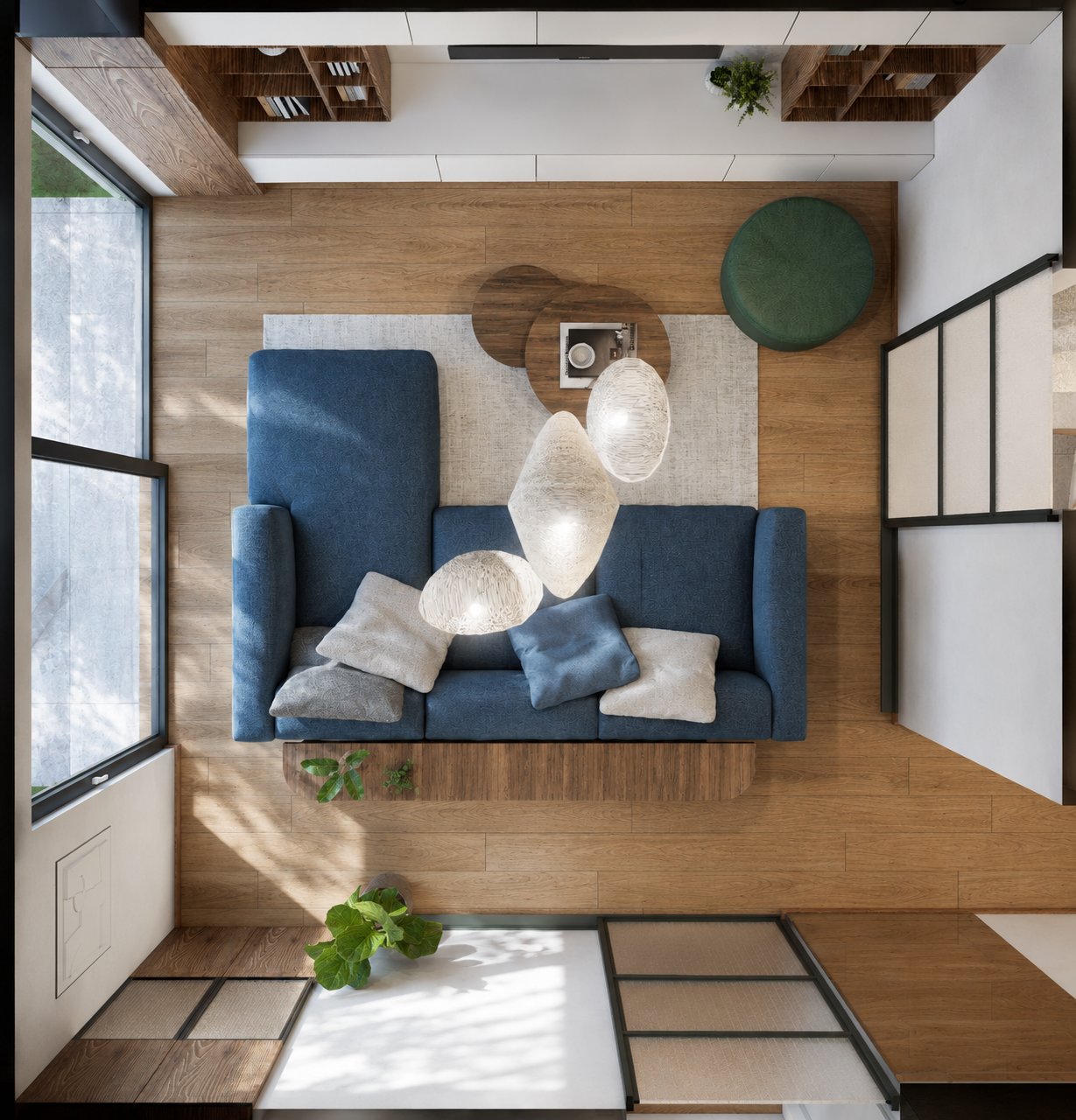 Vista cenital de sala residencial con sofá azul y acabados en madera